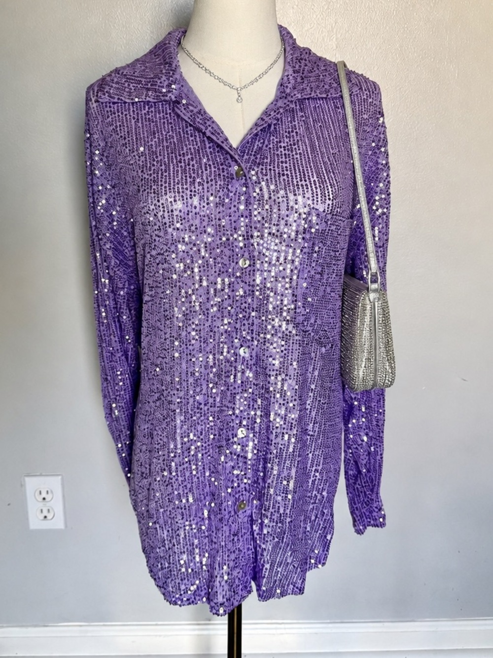 Anthropologie Lavender Purple Sequin Button-Down Top